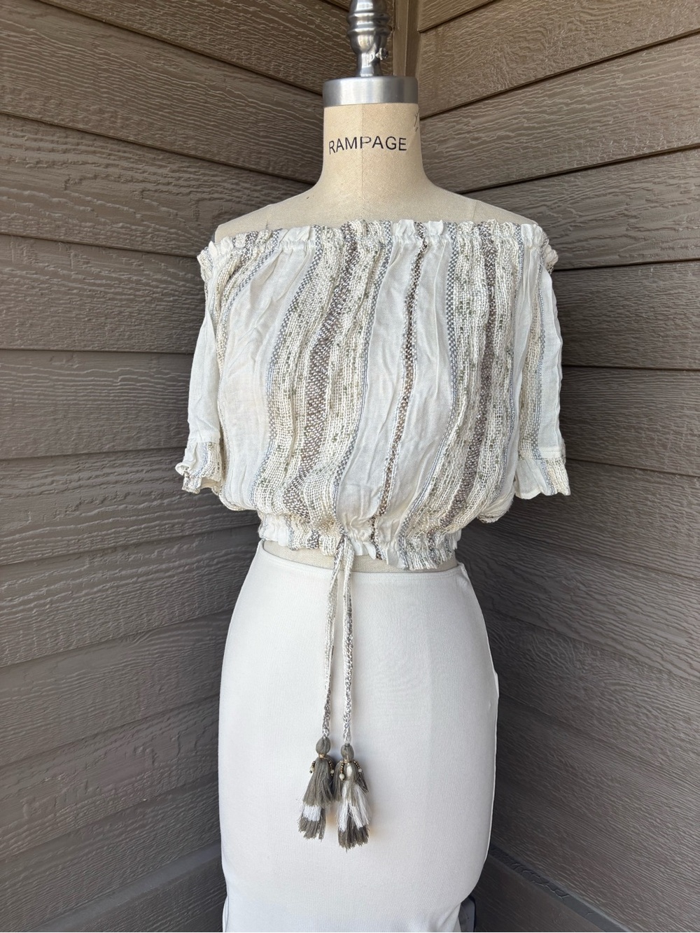 Boho Gypsy Sisters Cream Off-Shoulder Cropped Top with Tassel Tie